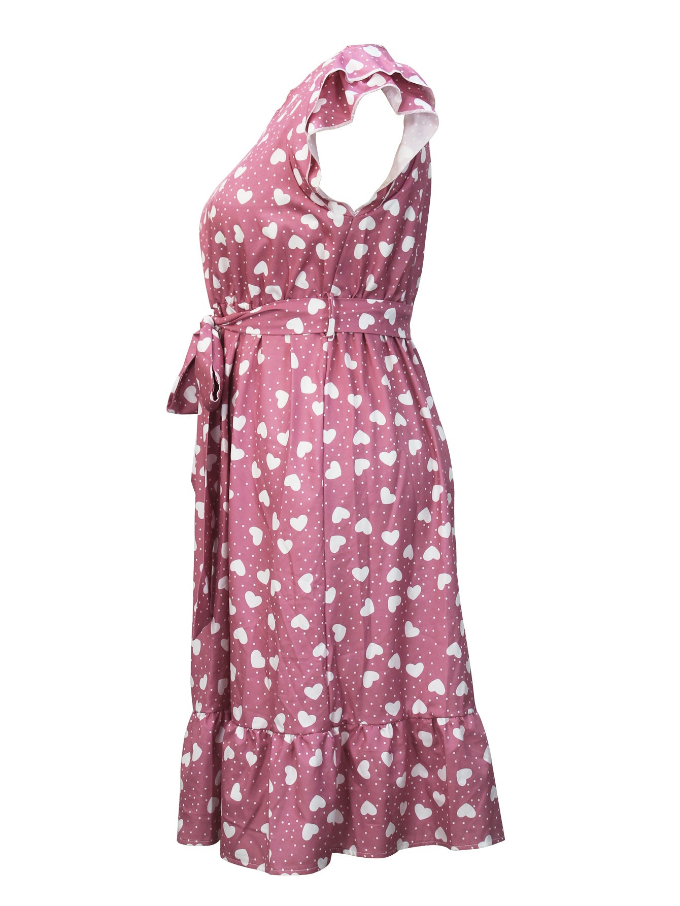 Women's Plus-Size Fashion Elegant Round-Neck Belted Heart Print Flying Sleeves Dress 6