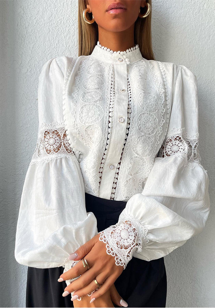 Women's Summer Lace Patchwork Balloon Sleeve Career Casual Shirt