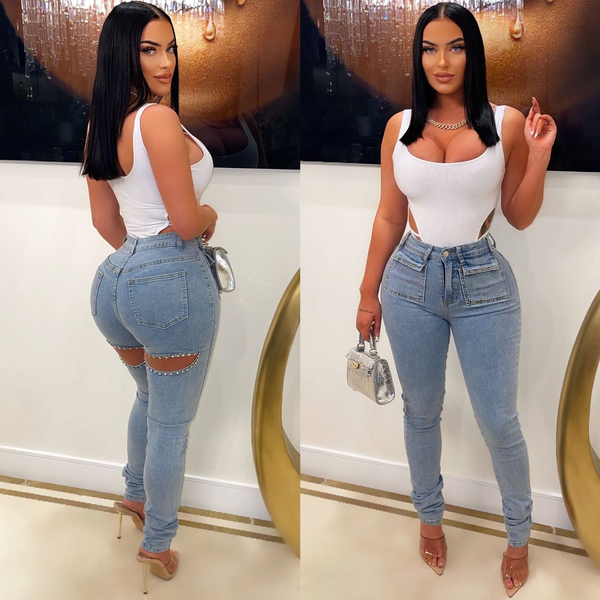 Women Casual Ripped Pearl Denim Pants 3