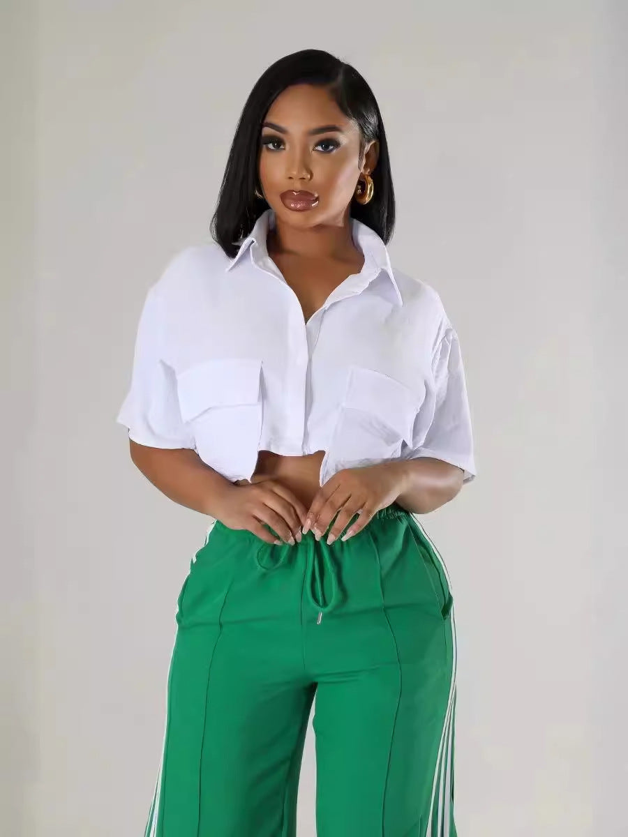 Fashion Casual Ultra-Short Shirt Single-Breasted Two Chest Pockets Open Waist Summer Shirt 3