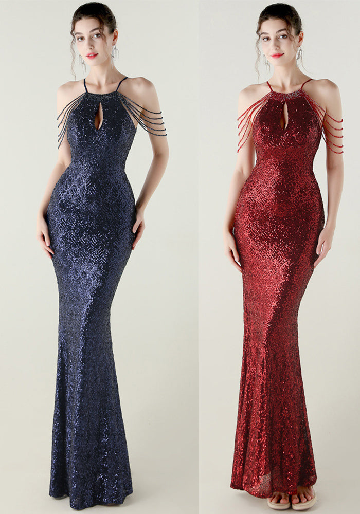 Sequin Beaded Off-Shoulder Halter Fishtail Luxury Party Dress