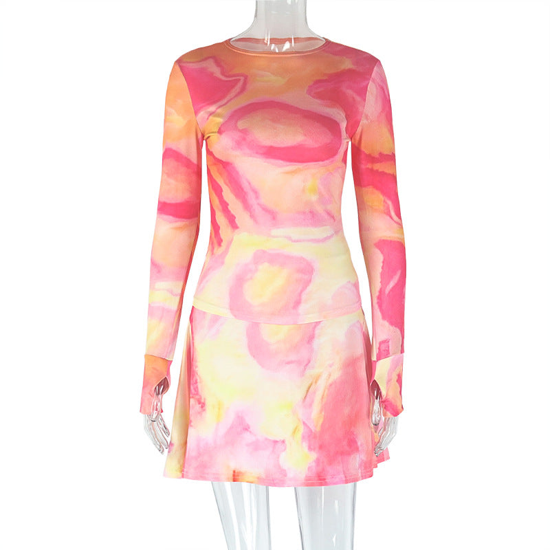 Women Printed Turtleneck Top and Skirt Two-piece Set 7