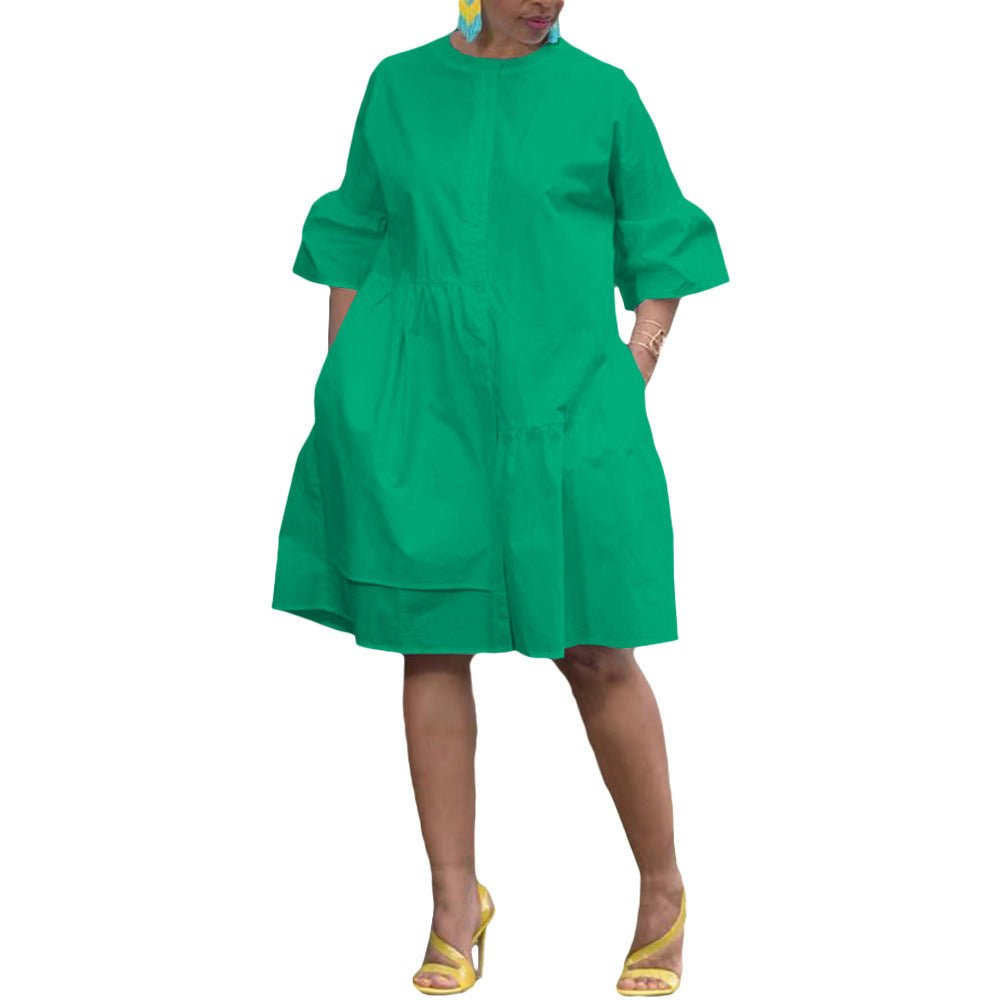 Spring Summer Bell Bottom Wide Sleeves Solid Color Women's Dress 10