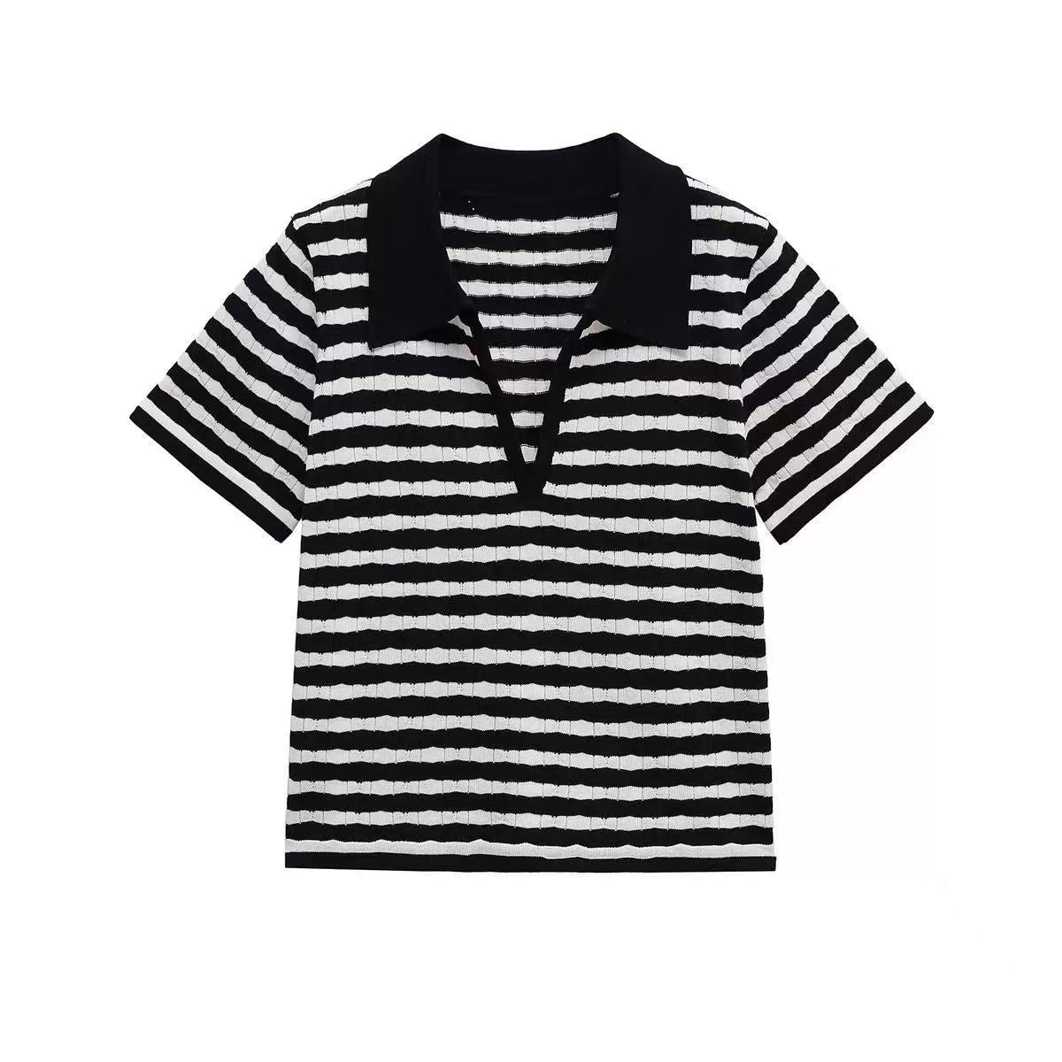 Fashion Turndown Collar Shirt & Striped Bell-Bottom Pants Summer Knit Set 29