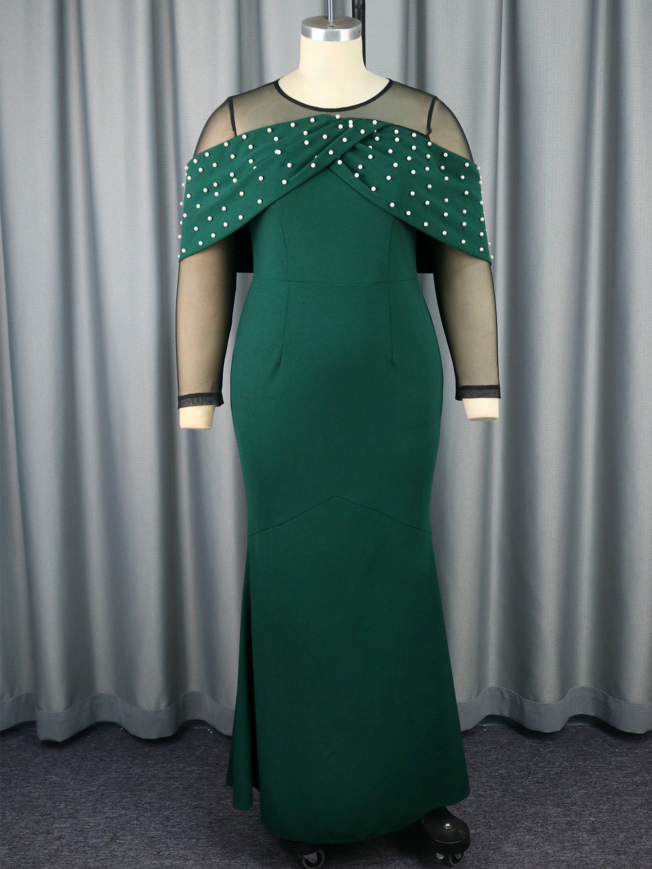 See-Through Long Sleeve High Waist Elegant Beaded High Waist Party Evening Long Dress 7