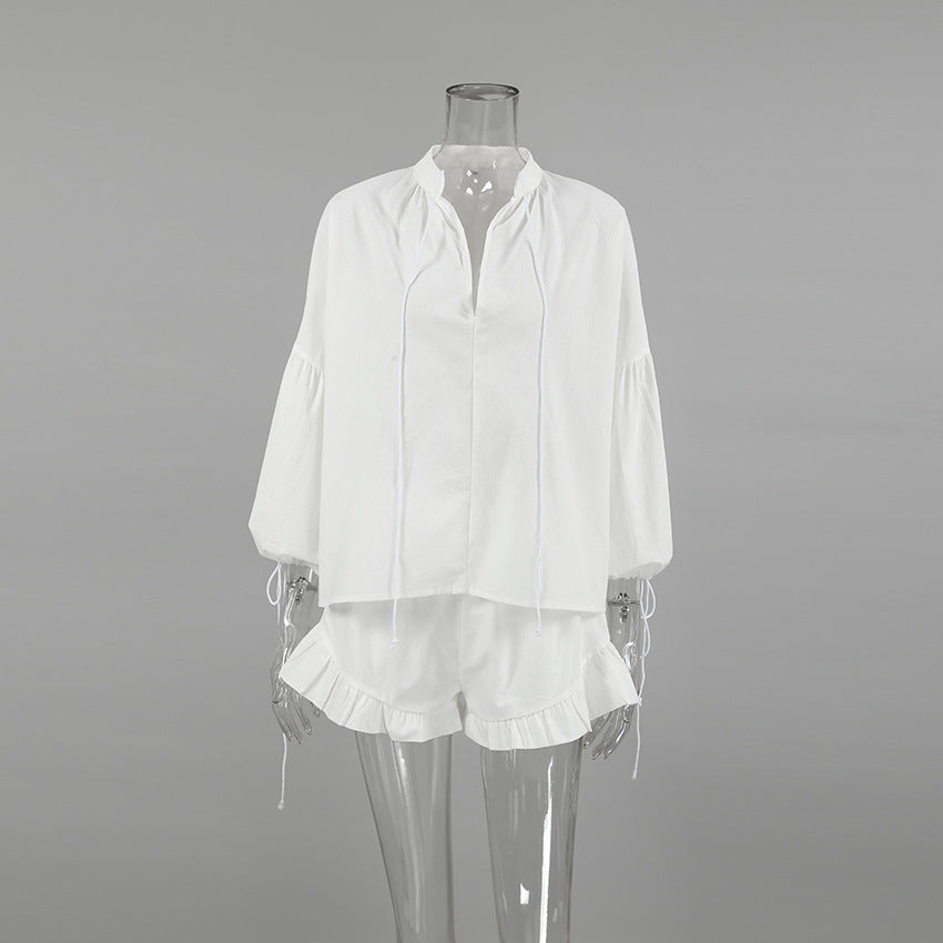 Women Spring White V-neck Lantern Sleeve Long Sleeve Top and Shorts Two-piece Set 10