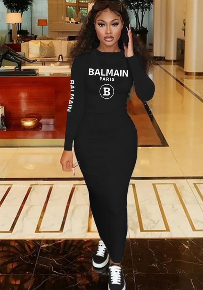 Fashion Letter Printed Long-Sleeved Slim Bodycon Dress