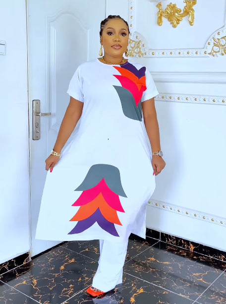 Women Printed Slit Round Neck Long Top And Pant Two-piece Set