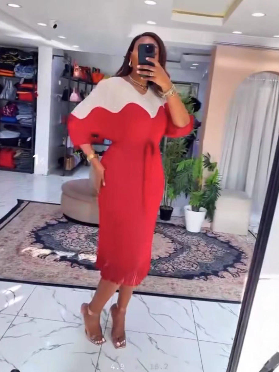 Beaded Plus Size African Fashion Bat Sleeve Color-Block Midi Loose Women's Dress 9