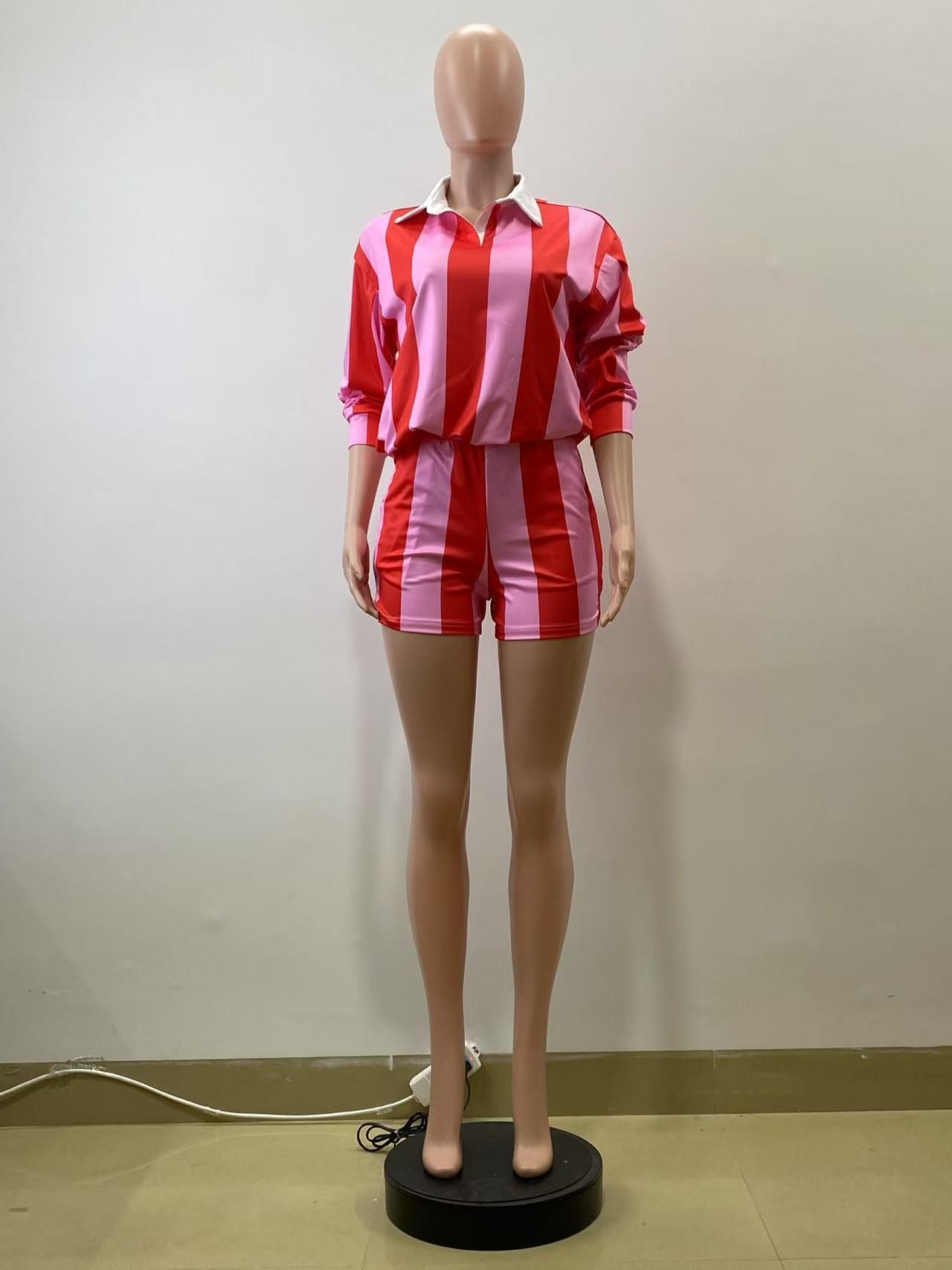 Spring Women Casual Striped Turndown Collar Top Shorts Two-Piece Set 5