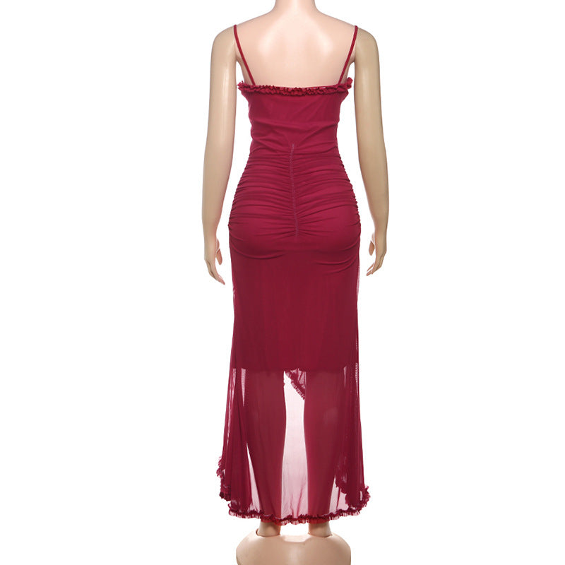 Women Sexy Backless Mesh Suspender Solid Dress 23