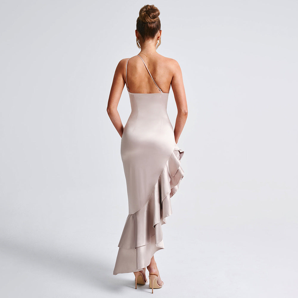 Women Autumn Sexy Ruffle Slash Shoulder Backless Slit Dress 4