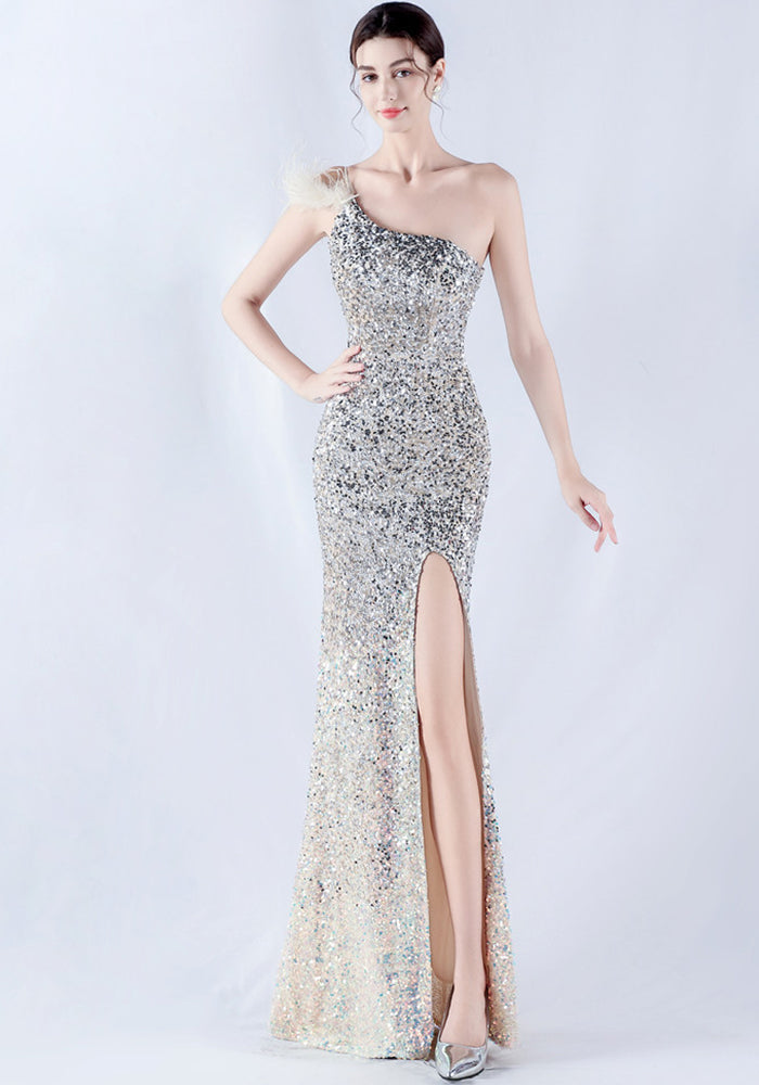 Women Gradient Velvet Bottom Beaded Ostrich Feather One Shoulder Slash Shoulder Slit Evening Dress