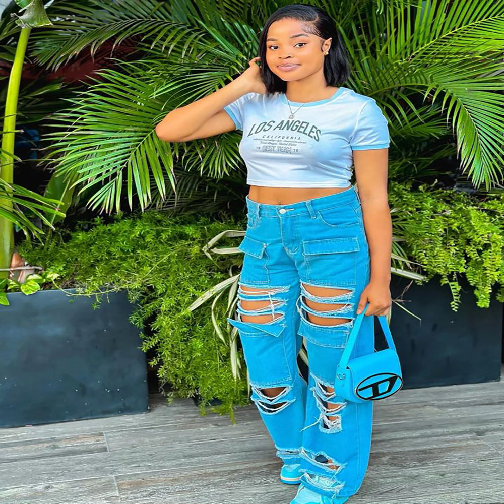 Women Street Style High Waist Ripped Pocket Straight Denim Pants 4