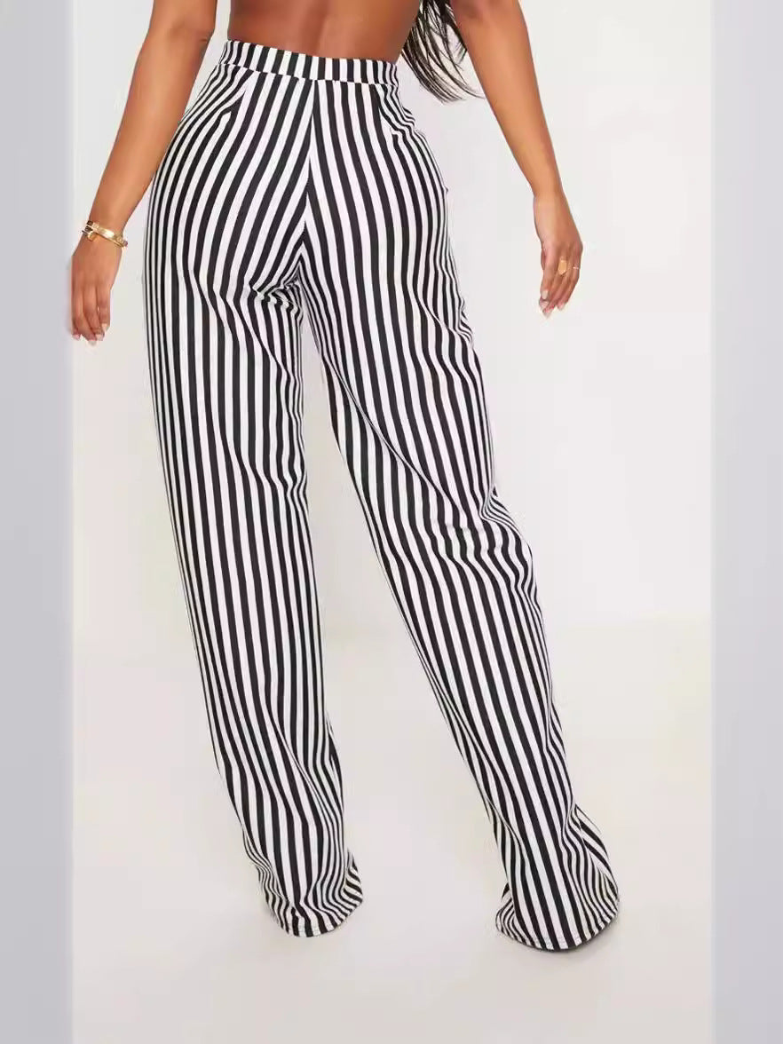 Women Black Stripe Print Straight Casual Wide Leg Pants 5