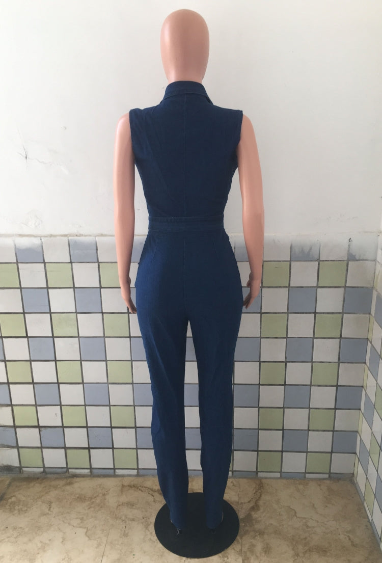 Summer Button Up Ripped Sleeveless Denim Jumpsuit with Belt 6