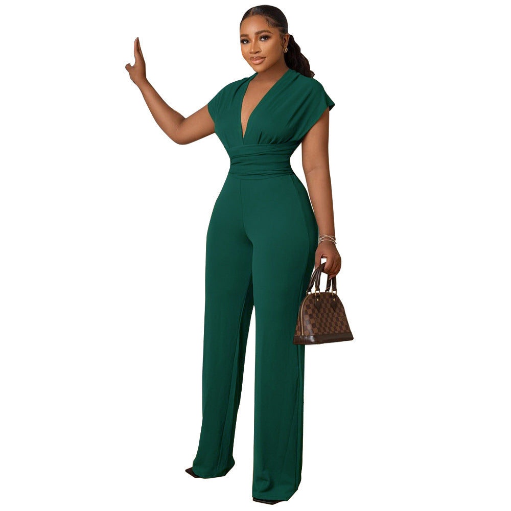 Women Solid V-neck Slim Short Sleeve Jumpsuit 18
