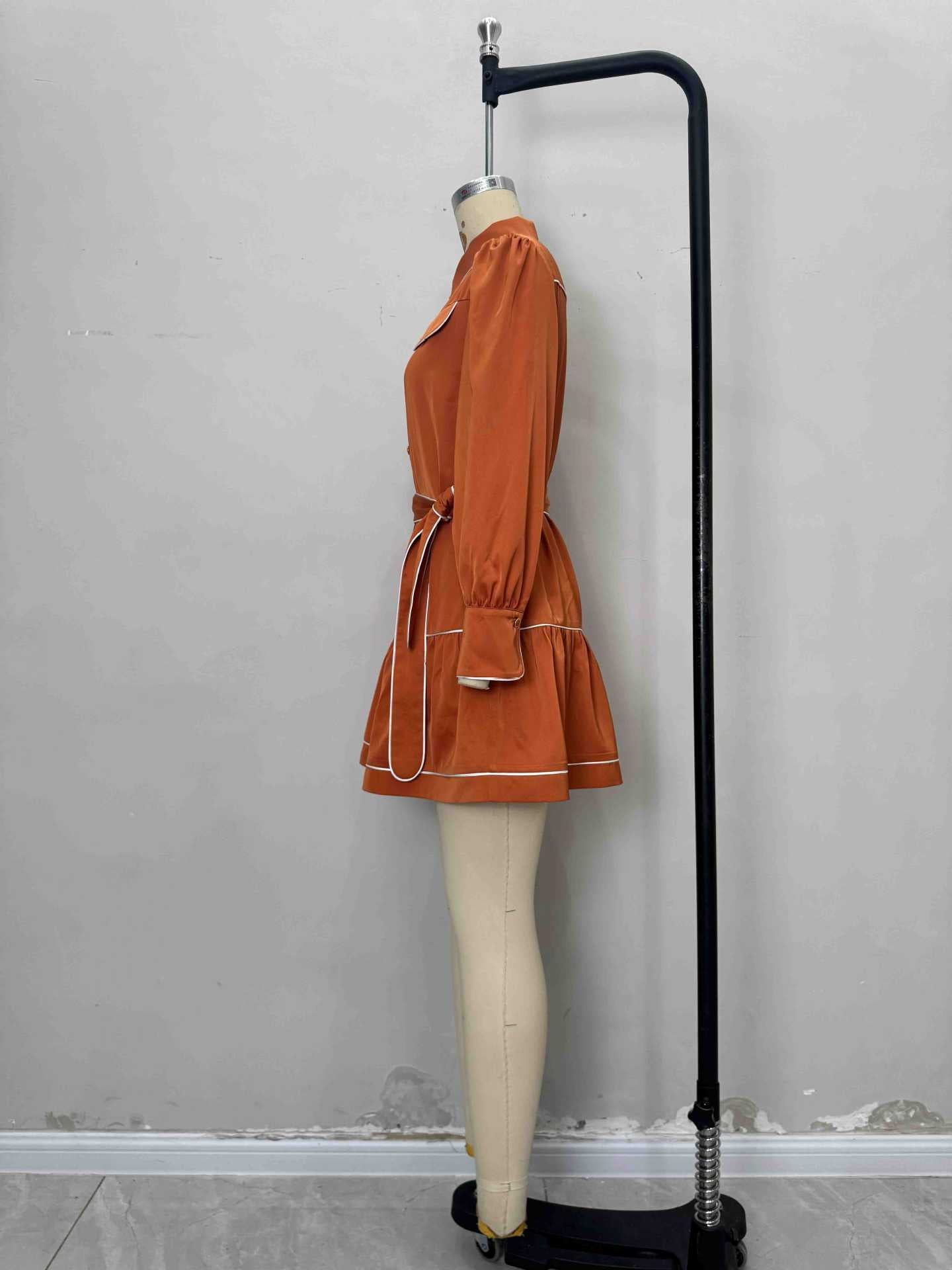 Trendy Brown Contrast Belted Satin Shirt Dress 4