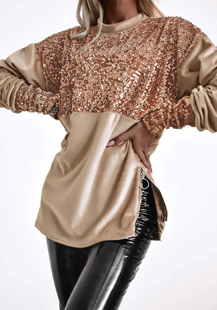 Women's brown velvet sequin Patchwork Casual side zipper slit pullover top
