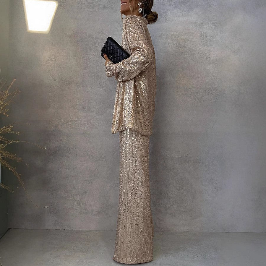 Women's Sequin Long Sleeve Two Piece Pants Set Chic Outerwear 6