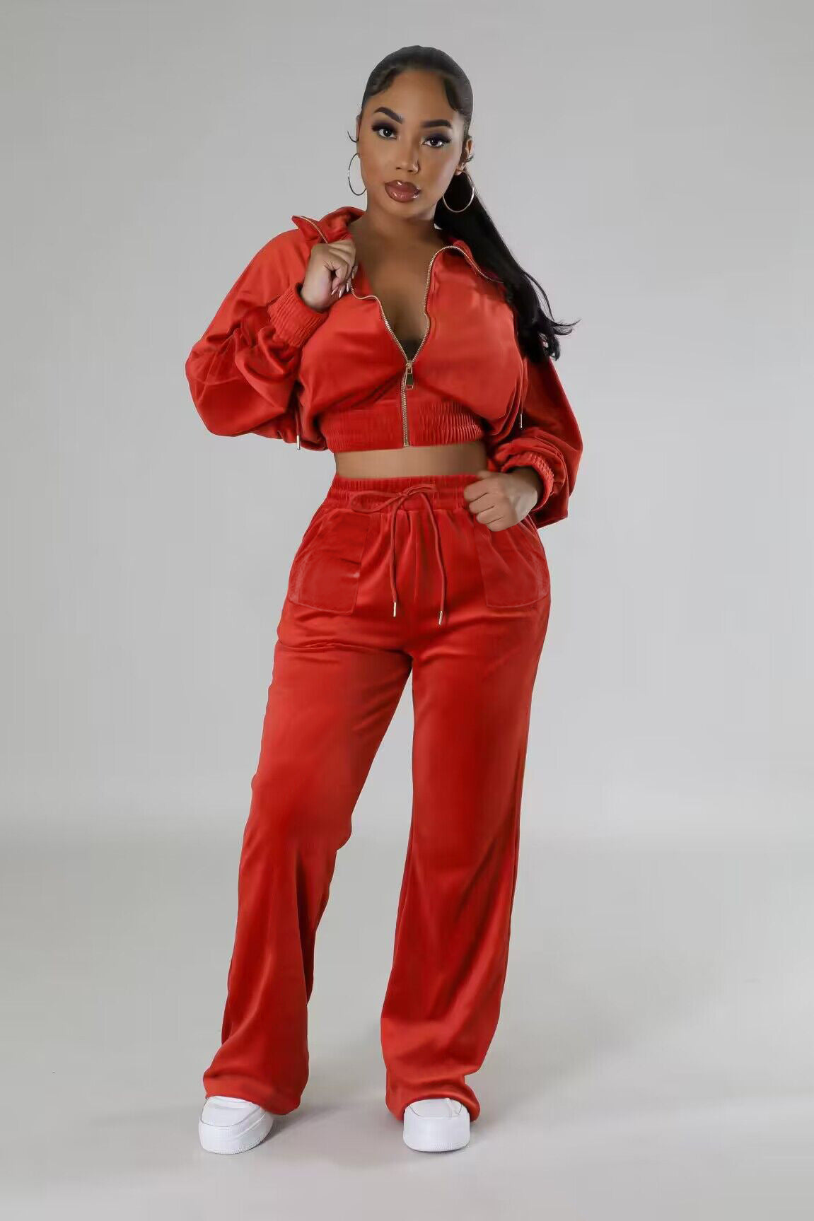 Women Solid Zipper Top and Pant Two-piece Set 4