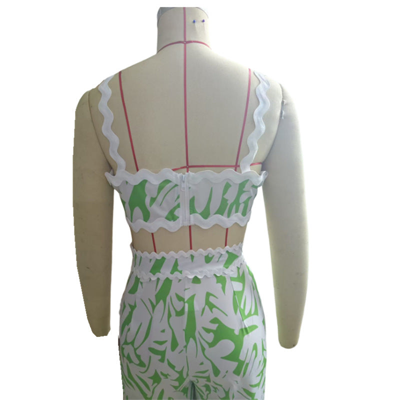 Women summer print sexy suspender wrap chest lace contrast color Top and Bell Bottom Pants Two Piece Set 7