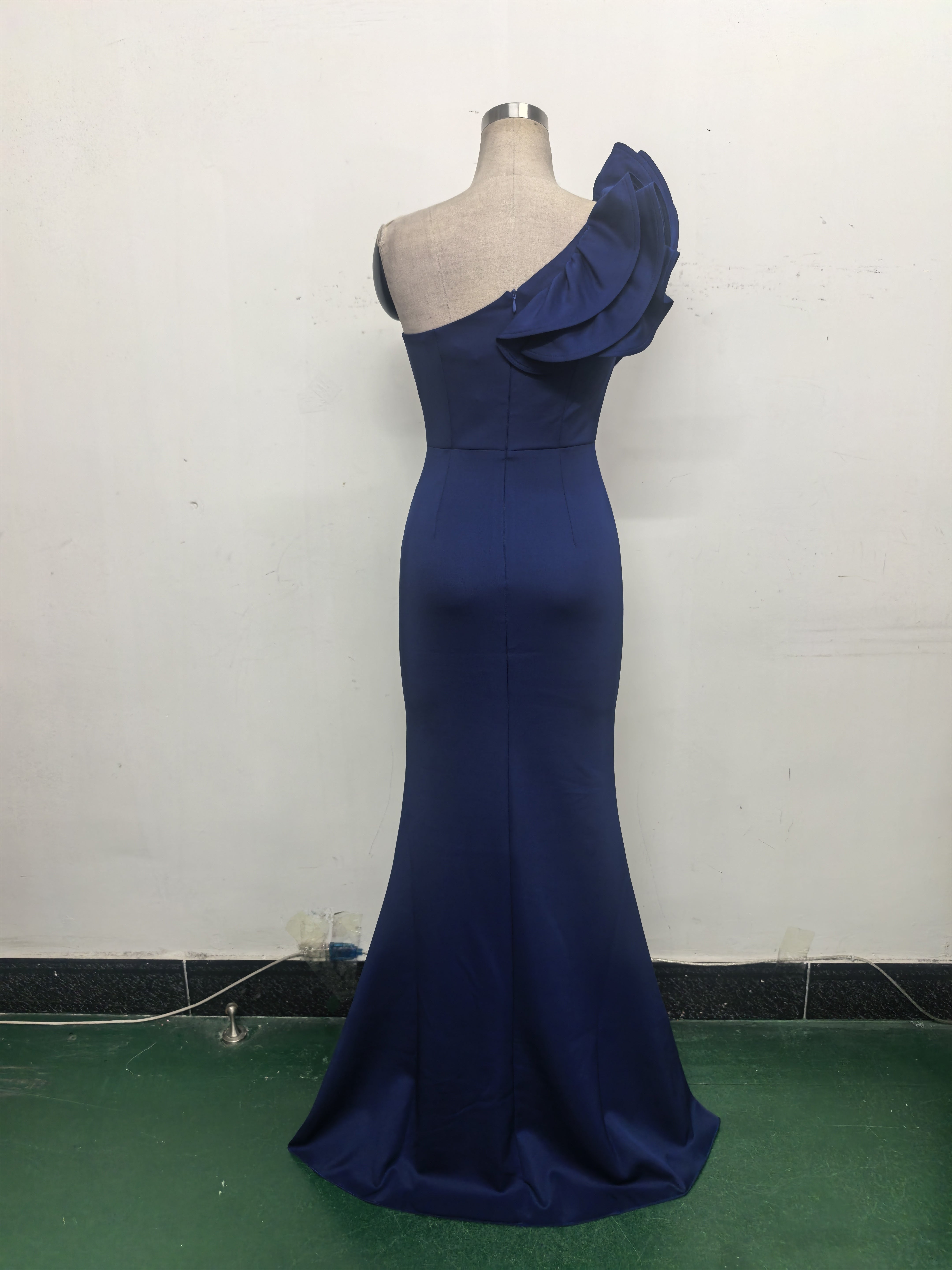 Women One-Shoulder Beaded Wool and Floral Satin Slit Sexy Evening Dress 42