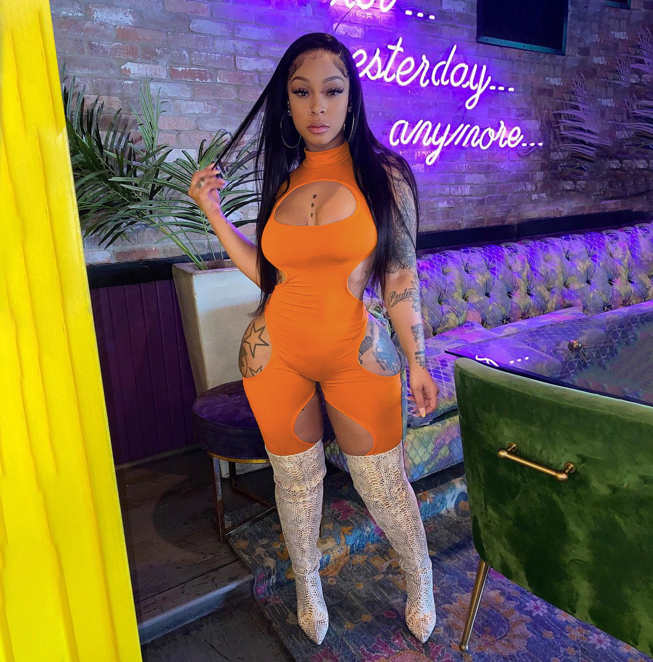 Women's Summer Solid Color Sexy Hollow Short-Sleeve Jumpsuit 5