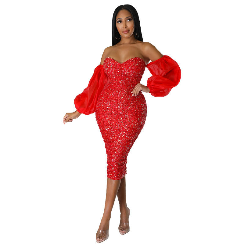 Women French Long Sleeve Sequin Off Shoulder Bodycon Dress 8