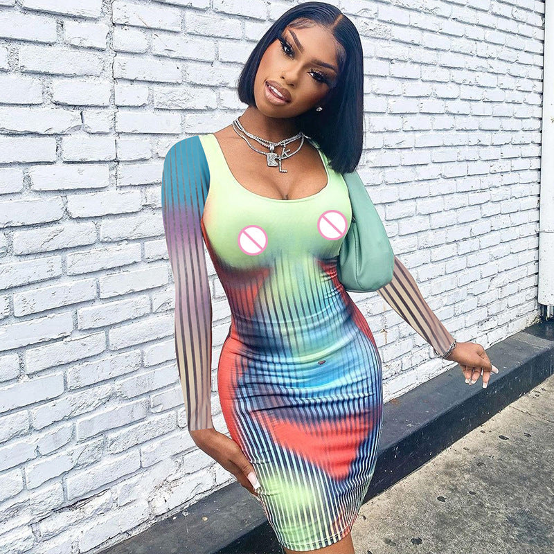 Women's Fall Fashion Print Slim U Neck Long Sleeve Bodycon Dress 3