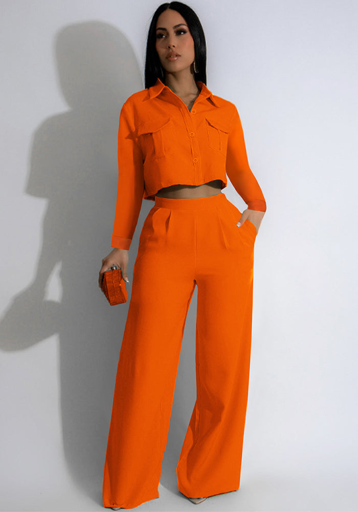 Women Fall Turndown Collar Long Sleeve Top and wide-leg pants Two Piece Set