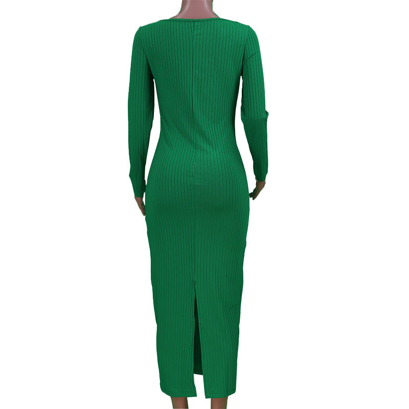 Women Spring Sexy Solid U-shaped Neck Long Sleeve Slit Ribbed Dress 9
