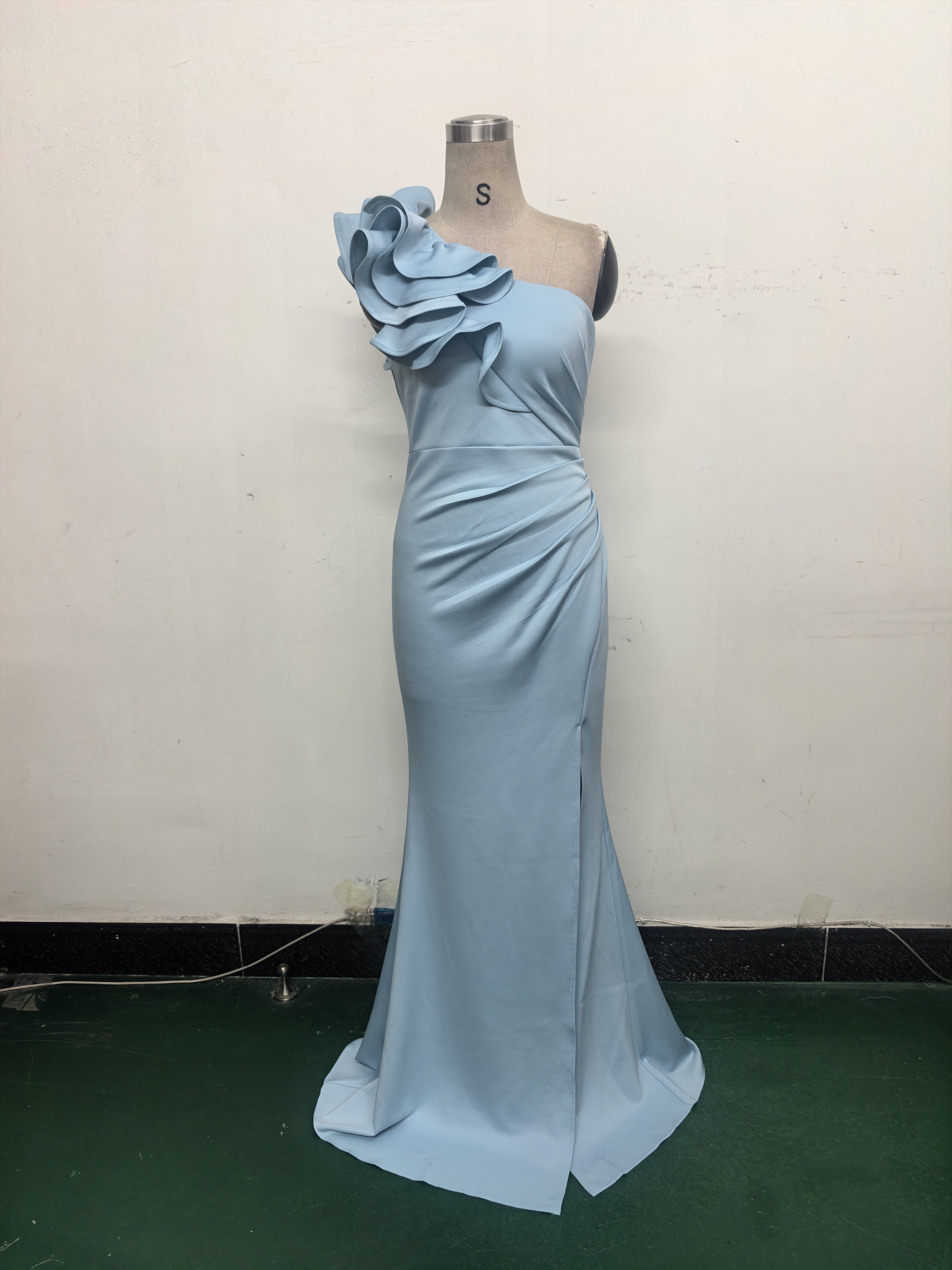 Women One-Shoulder Beaded Wool and Floral Satin Slit Sexy Evening Dress 17