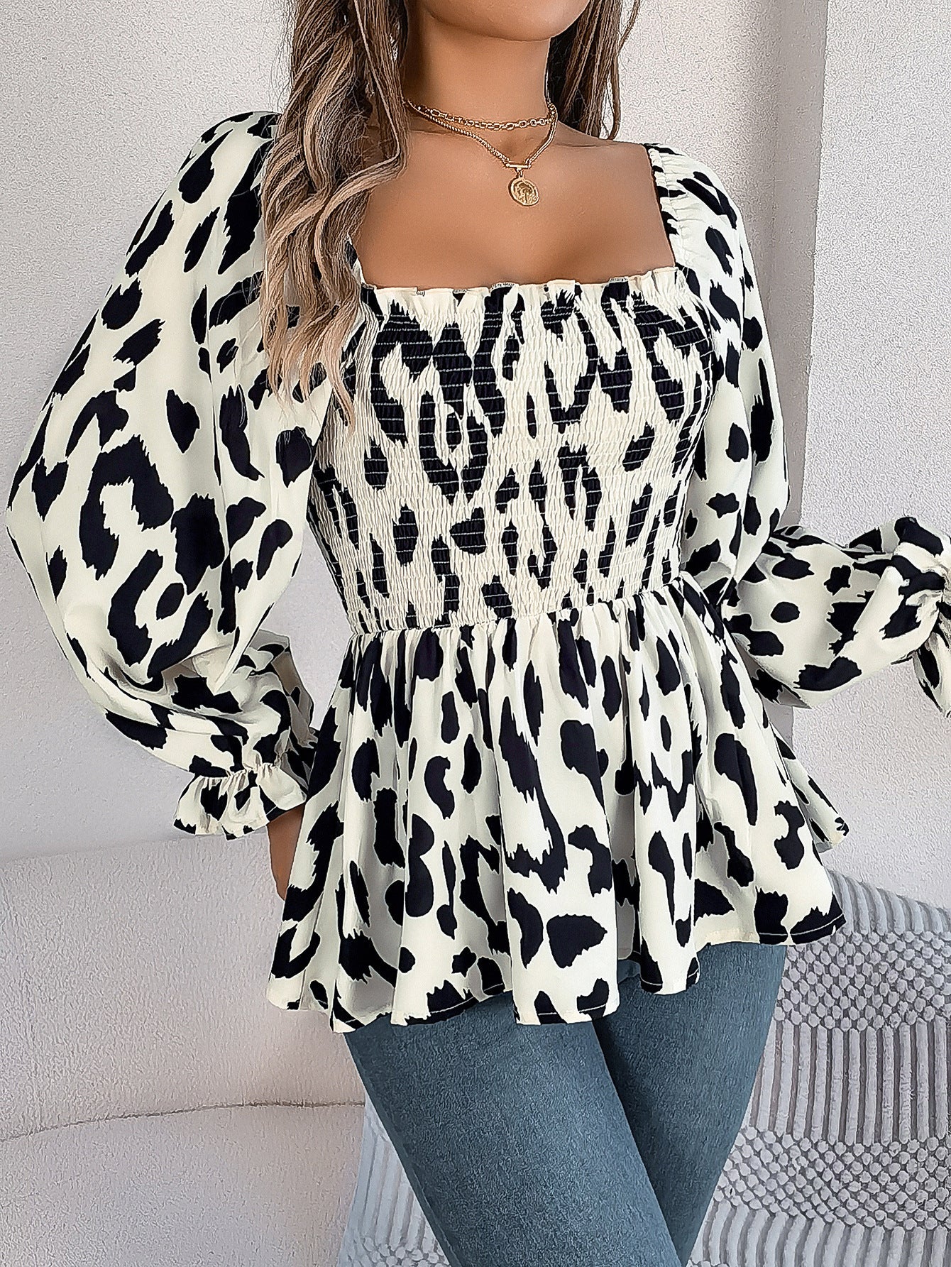 Women Casual Ruffle Edge Square Neck Leopard Print Long Sleeve Top 6
