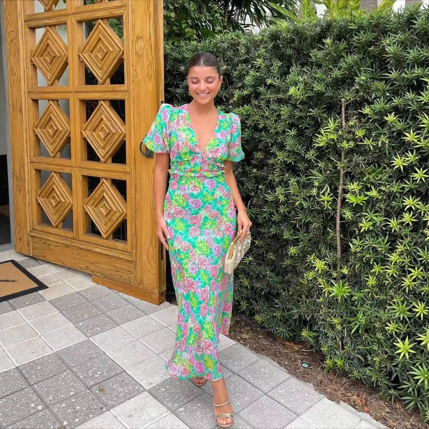 Summer Puff Sleeve V-Neck Print Dress 6