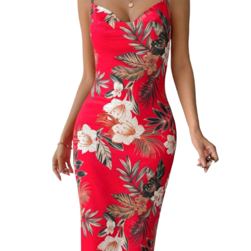 Sexy Women's Side Slit Print Strap Mid Dress 9