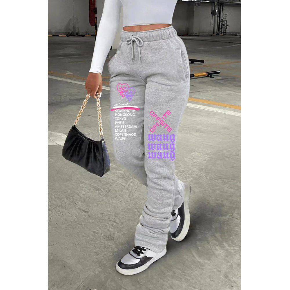 Women Fleece Sport Drawstring Pocket Stacked Pant