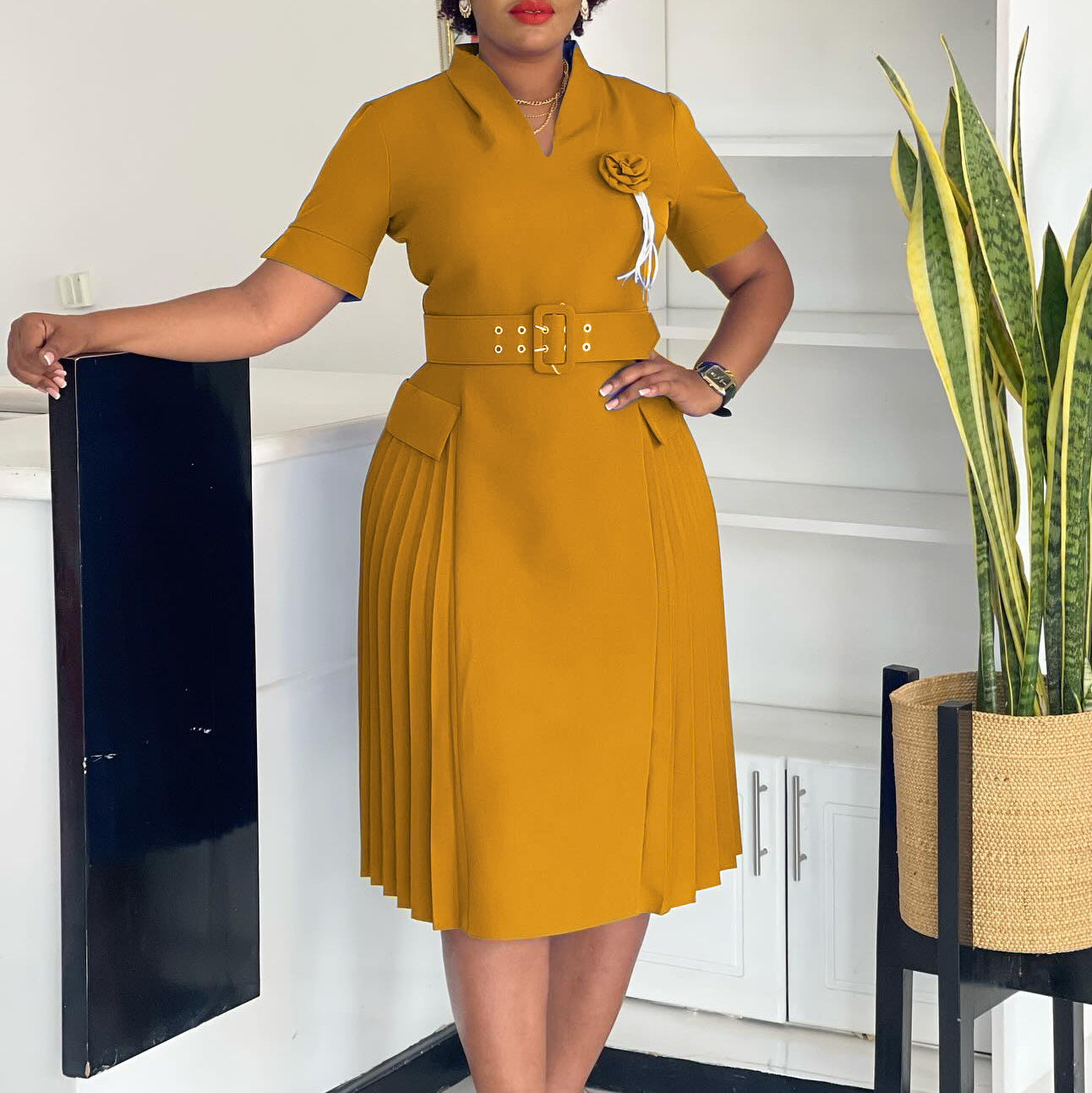 Women's Fashion Chic V-Neck Solid Color Plus Size Pleated High-Waist African Dress 5