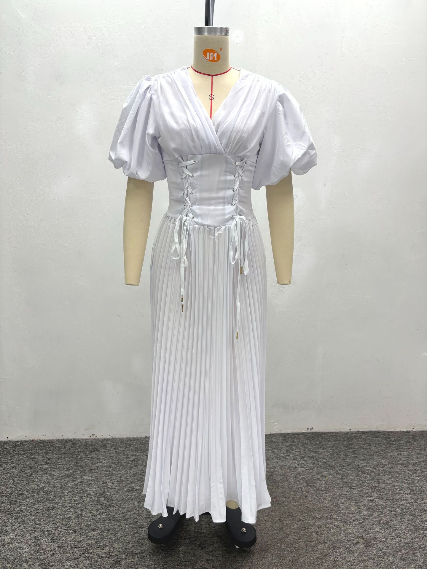 African Women's V-Neck Puff Sleeve Lace-Up Slim Waist Solid Color Trendy Pleated Maxi Dress 9