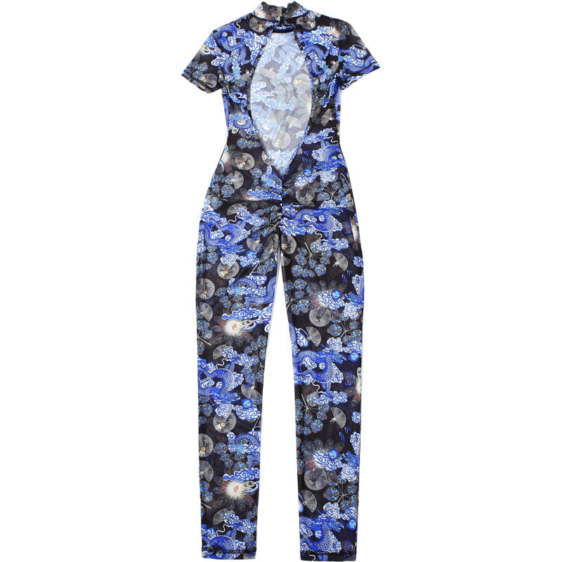 Women Summer Street Trend Mesh See-Through Print Backless Jumpsuit 20