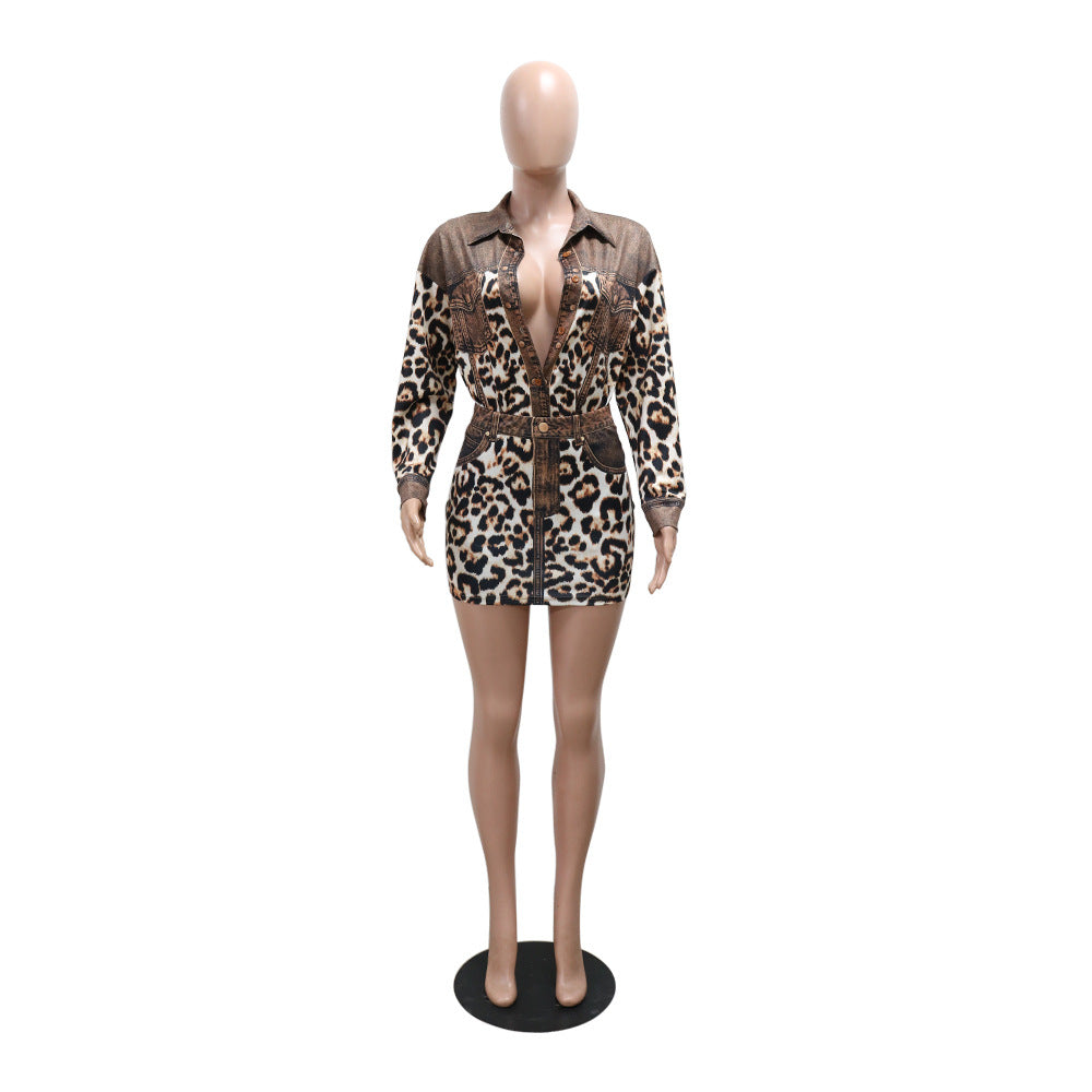 Leopard Print Long Sleeve Button Turndown Collar Top With Bodycon Short Skirt Two-Piece Set 9