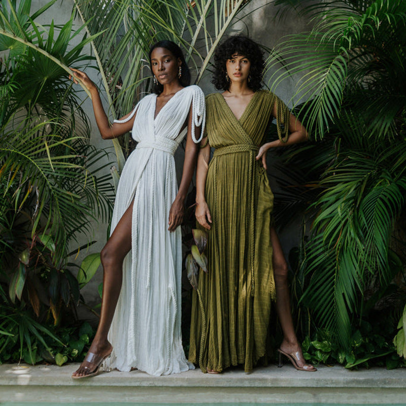 Spring Women's Tie Rope Sexy V-Neck Loose Holidays Beach Dress 4