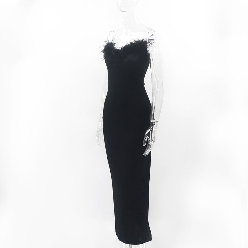 Spring Feather Deep V Sexy Tight Fitting Fashion Dress 16