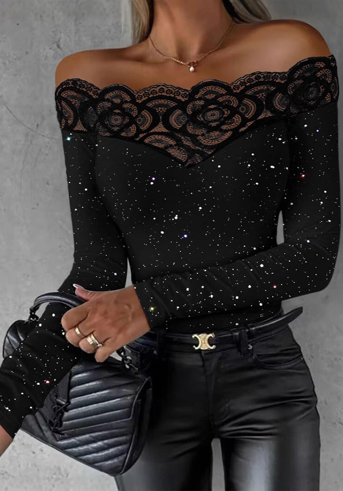 Women lace Off Shoulder sexy black long sleeve Top