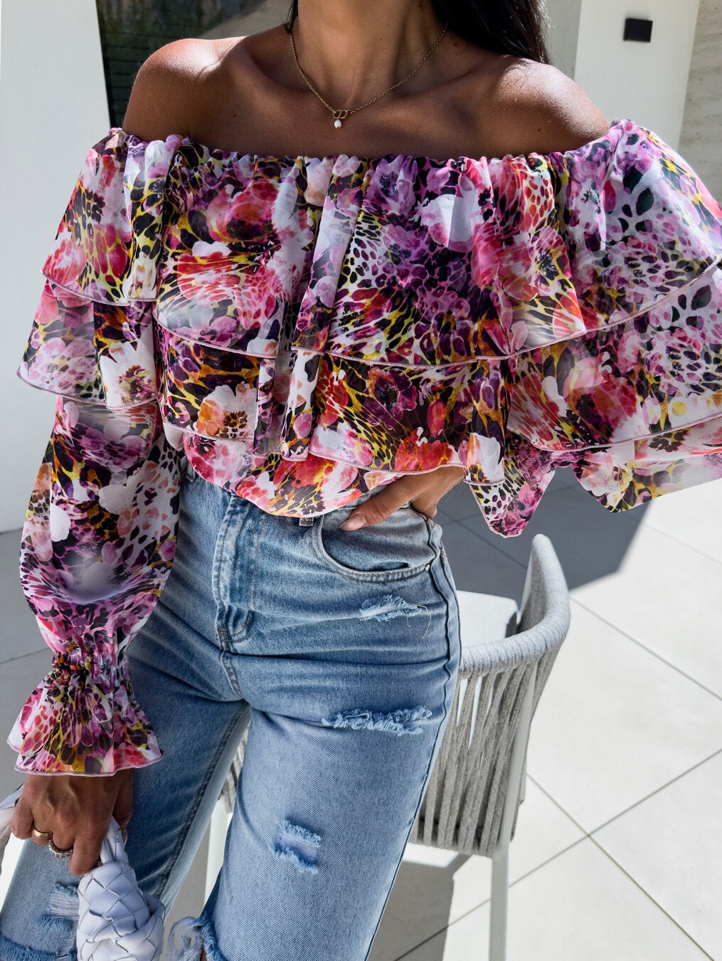 Autumn Sexy Fashion Off Shoulder Printed Shirt 9