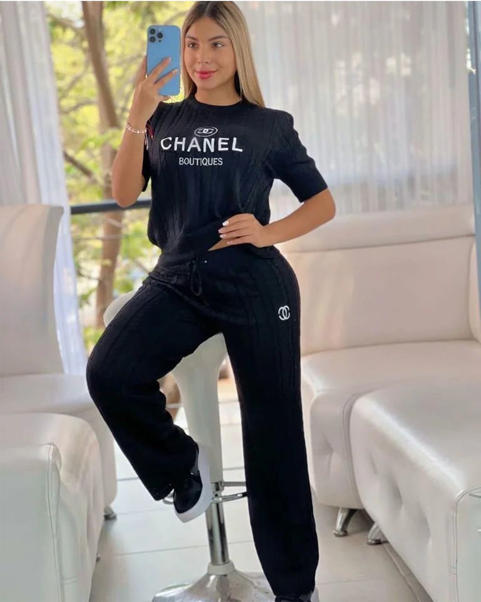 Women Knitting sweater autumn casual short-sleeved sweater top and long pants knitting two-piece set 7