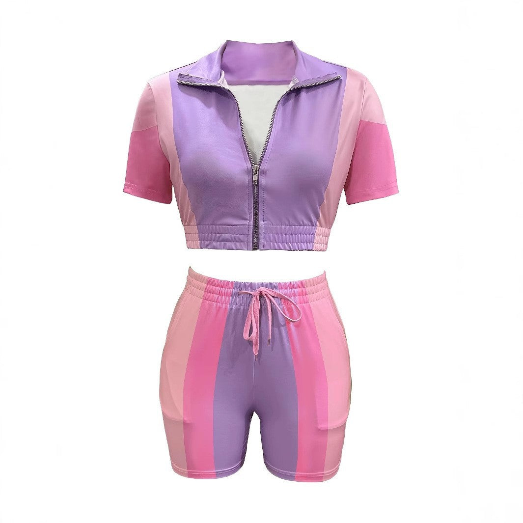 Spring and Summer Women's Zipper Elastic Short Sleeve Casual Drawstring Pocket Two-Piece Shorts Set 14