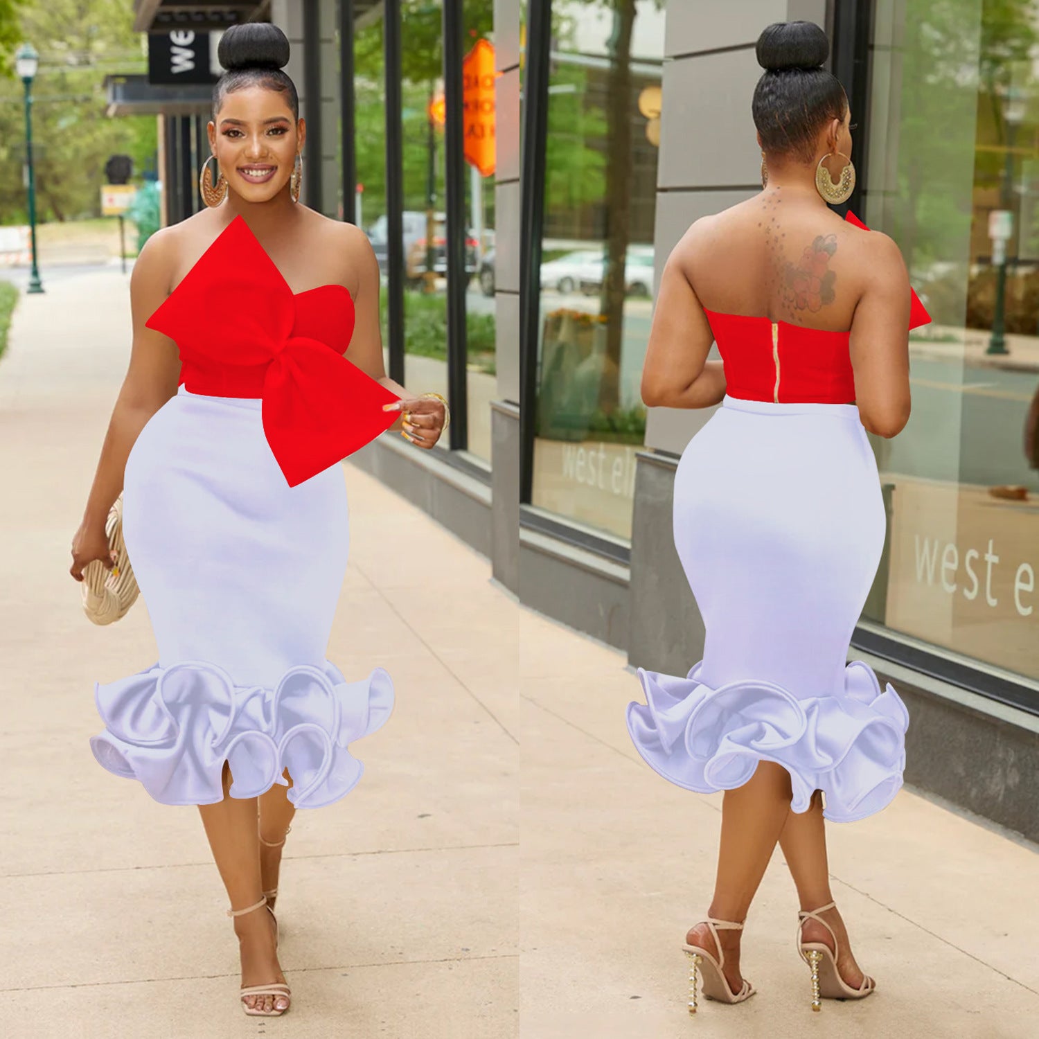 Women Sleeveless Strapless Bow Top and Bodycon Skirt Two-Piece Set