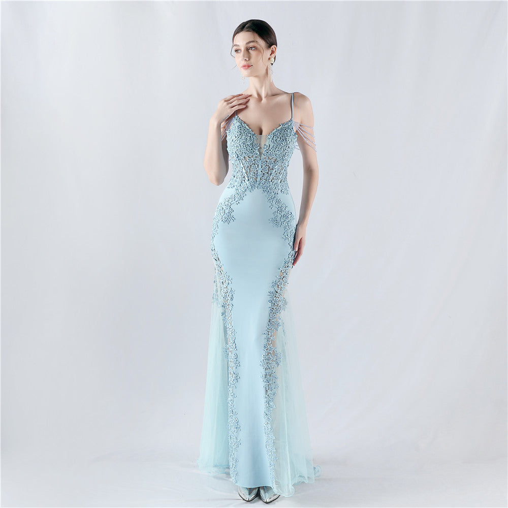 Sexy Strap Rhinestone Chain Fishbone Lace Evening Dress 6