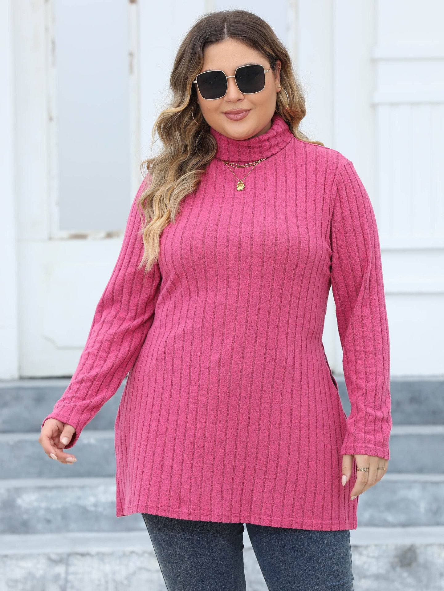 Women's Tops Plus Size Women's Turtleneck Slim Fit Basic Shirt Ribbed Slit Midi T-Shirt 8